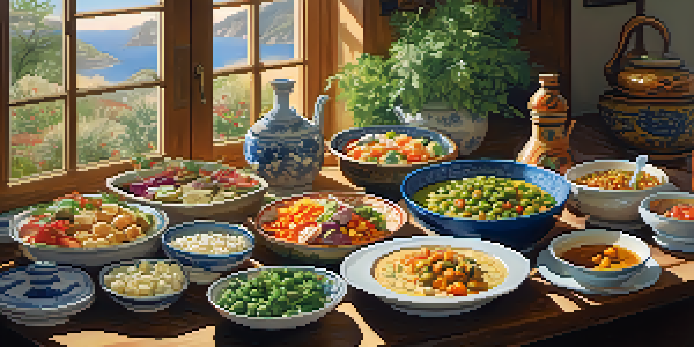 A kitchen table filled with a variety of cultural dishes, including Mediterranean salads, Indian curry, and Japanese sushi, illuminated by sunlight.
