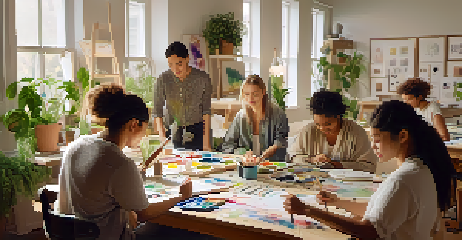 A cozy art therapy session with diverse individuals creating art in a calming environment filled with natural light and plants.