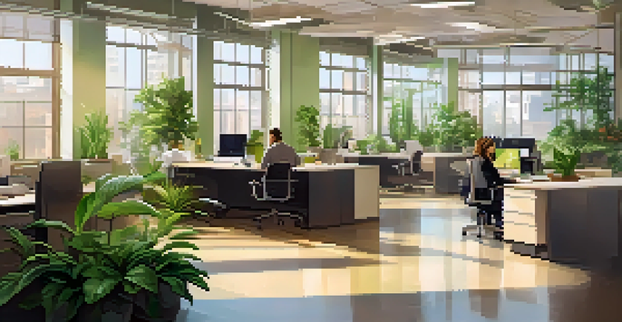 An inviting office space filled with natural light, featuring modern workstations and employees interacting, emphasizing a smoke-free environment.