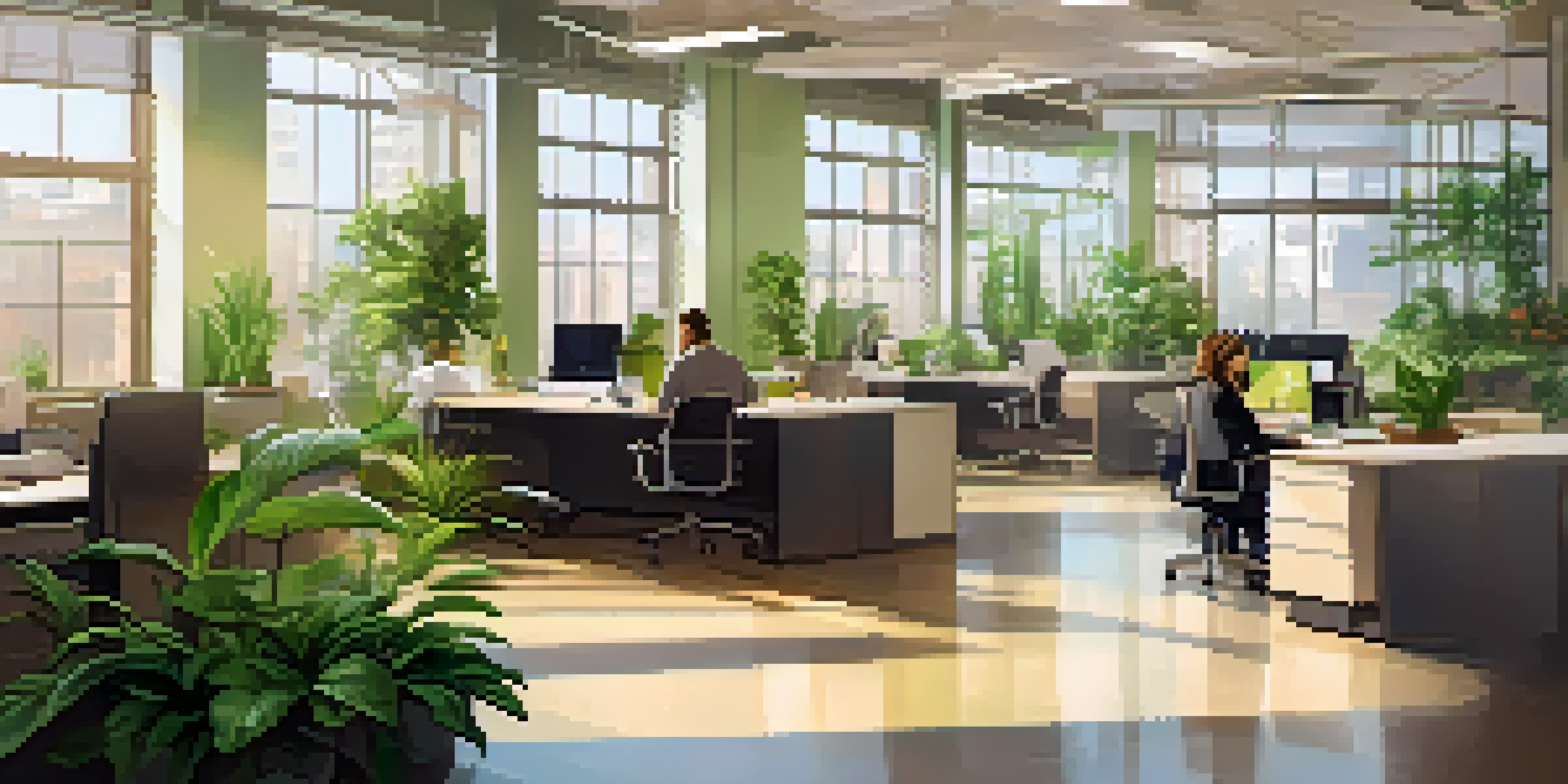 An inviting office space filled with natural light, featuring modern workstations and employees interacting, emphasizing a smoke-free environment.