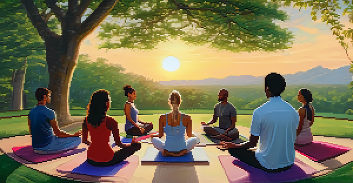 A diverse group of people meditating in a circle during sunset at a wellness retreat, surrounded by nature.