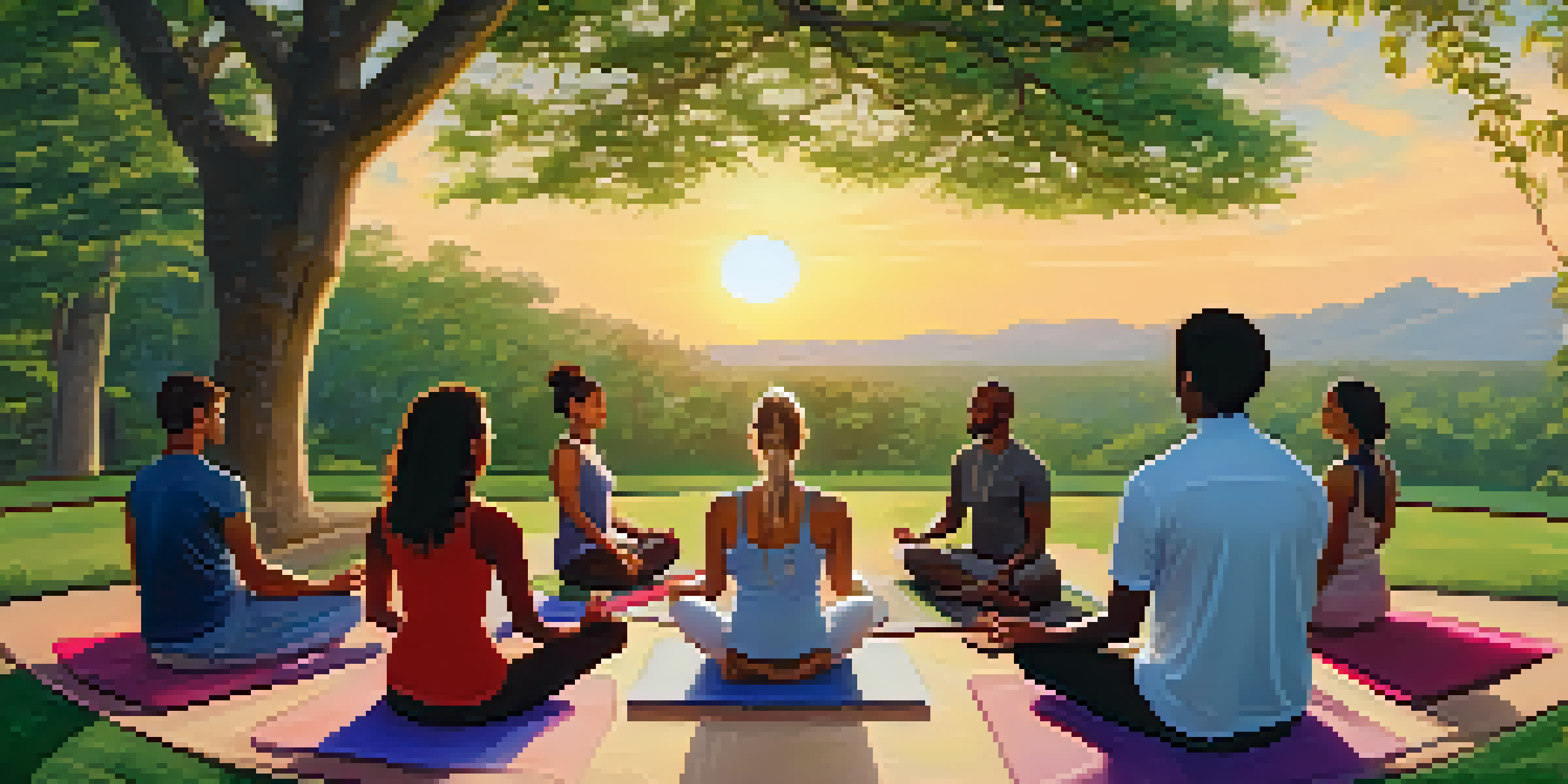 A diverse group of people meditating in a circle during sunset at a wellness retreat, surrounded by nature.