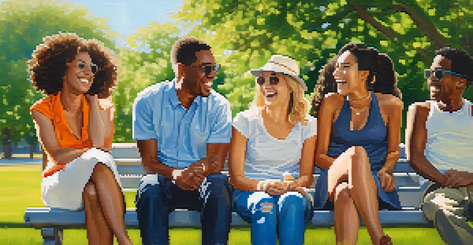 A diverse group of friends laughing together on a sunny park bench, surrounded by greenery and flowers.