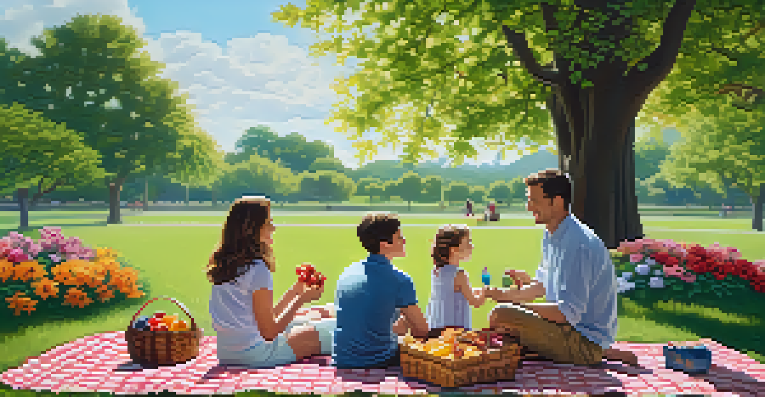 A family enjoying a picnic in a sunny park with a blanket, basket of snacks, and flowers around.