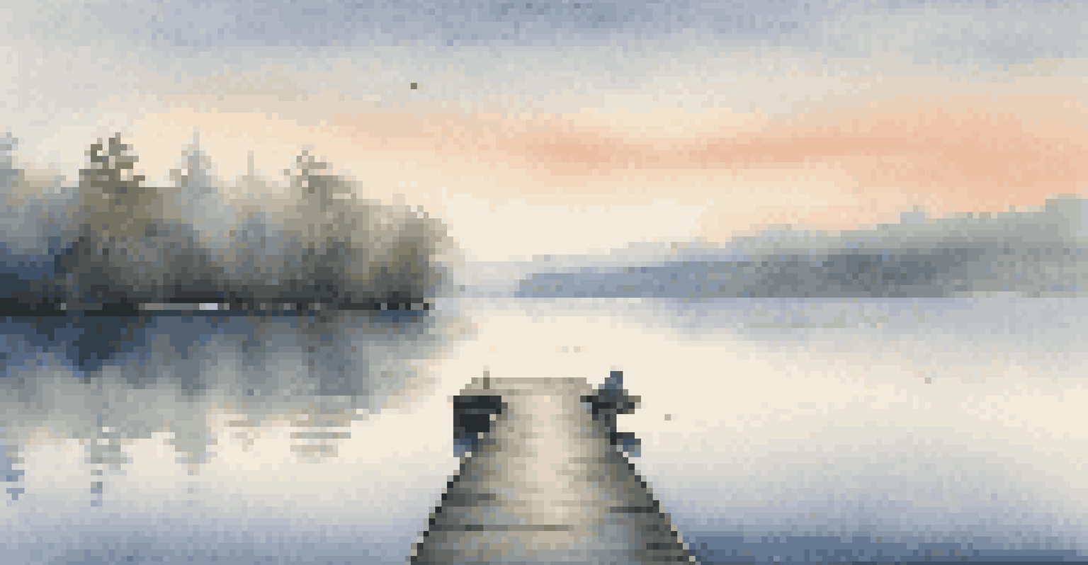 A calm lake at dawn with mist rising, a dock, and a person sitting at the edge, looking out over the water.