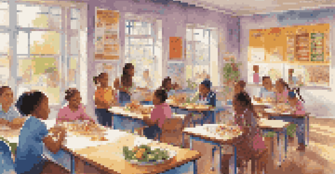 A lively classroom filled with diverse students actively participating in a health literacy lesson, with colorful educational materials around them.