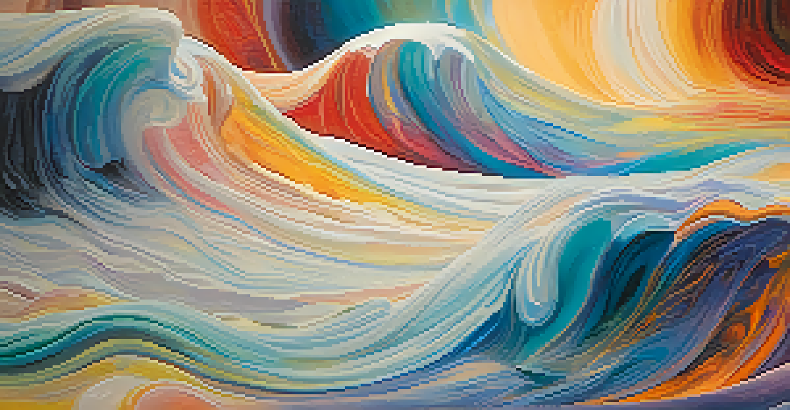 An abstract illustration of the stages of sleep represented as a colorful symphony, with vibrant colors and flowing shapes symbolizing light sleep, deep sleep, and REM sleep.