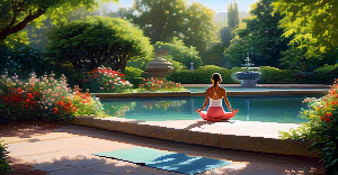 A person practicing yoga in a peaceful garden with greenery and flowers, illuminated by soft sunlight.