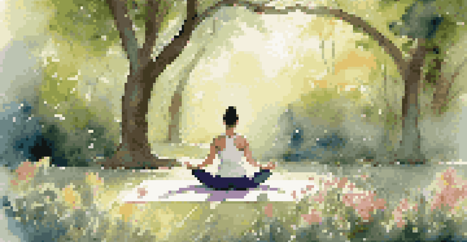 A person practicing yoga in a serene garden, surrounded by flowers and sunlight filtering through trees.