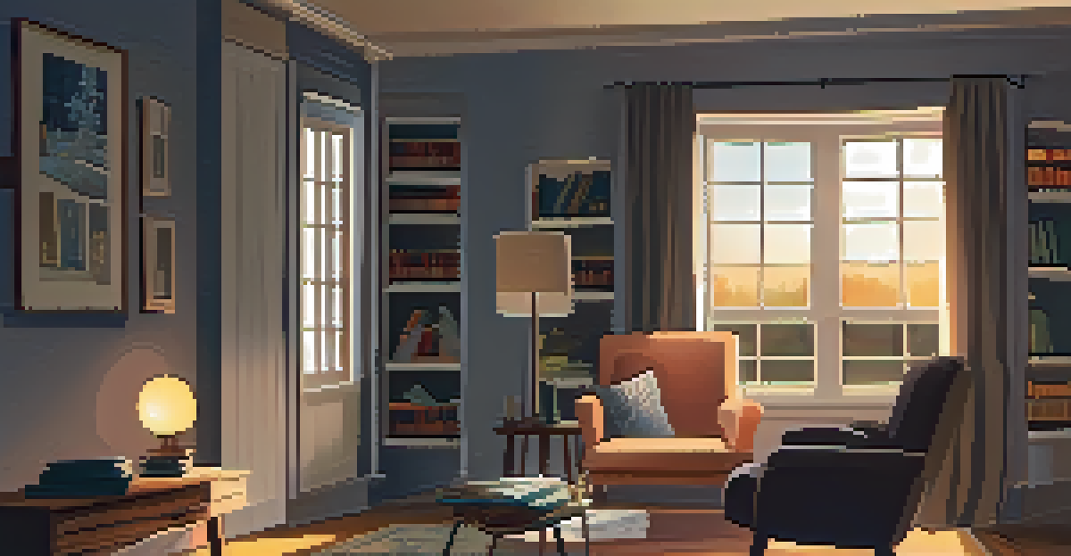 A cozy reading nook with an armchair, a warm lamp, and a bookshelf, creating a peaceful atmosphere for evening relaxation.