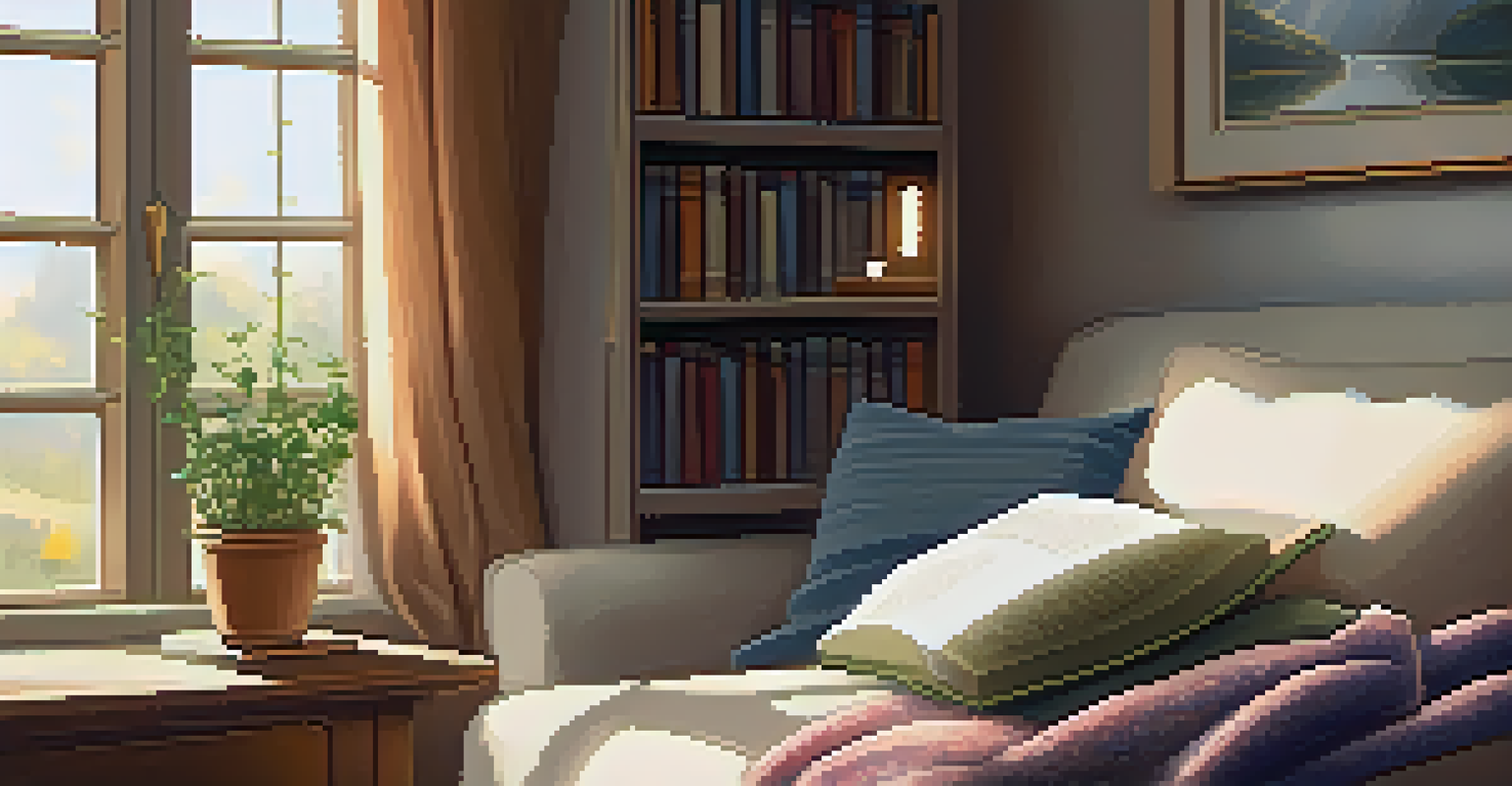 A cozy reading nook by a window with pillows, a cup of tea, and an open book, illuminated by warm light.