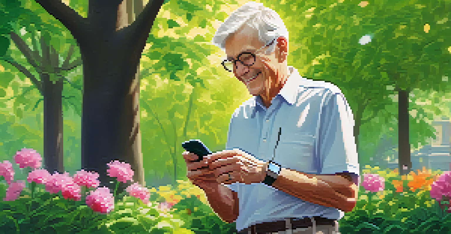 An elderly man checking his smartwatch while walking in a beautiful park with blooming flowers around.