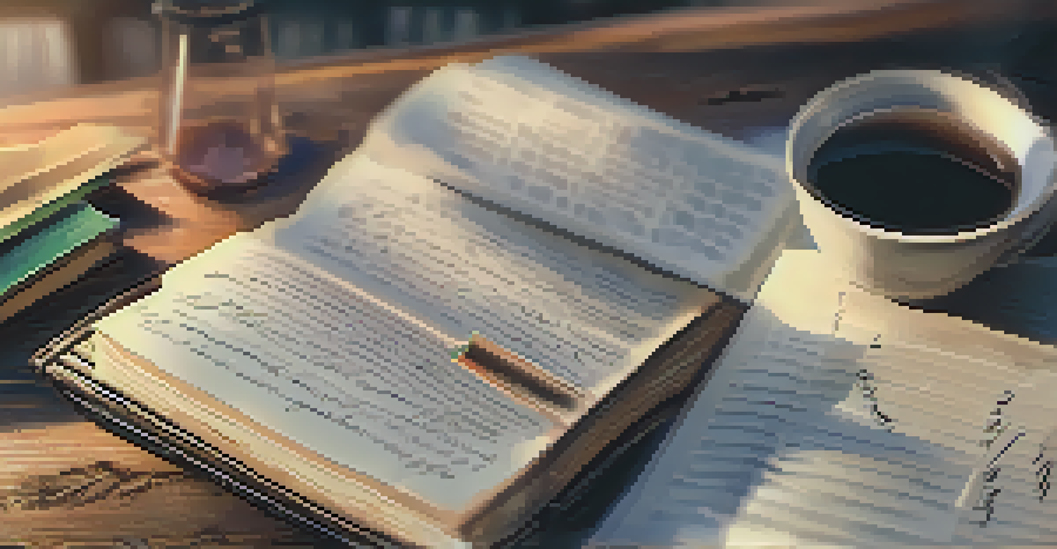A journal open to reflections on past failures, with a cup of tea beside it on a wooden table.