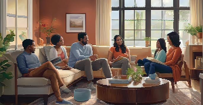 A diverse family sitting together in a cozy living room, engaged in a discussion about their health history, surrounded by family photos and warm decor.