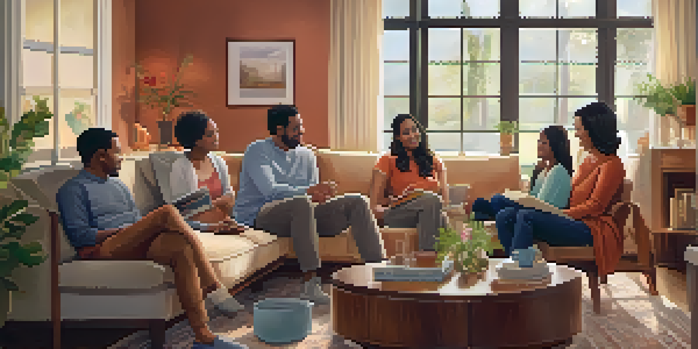 A diverse family sitting together in a cozy living room, engaged in a discussion about their health history, surrounded by family photos and warm decor.
