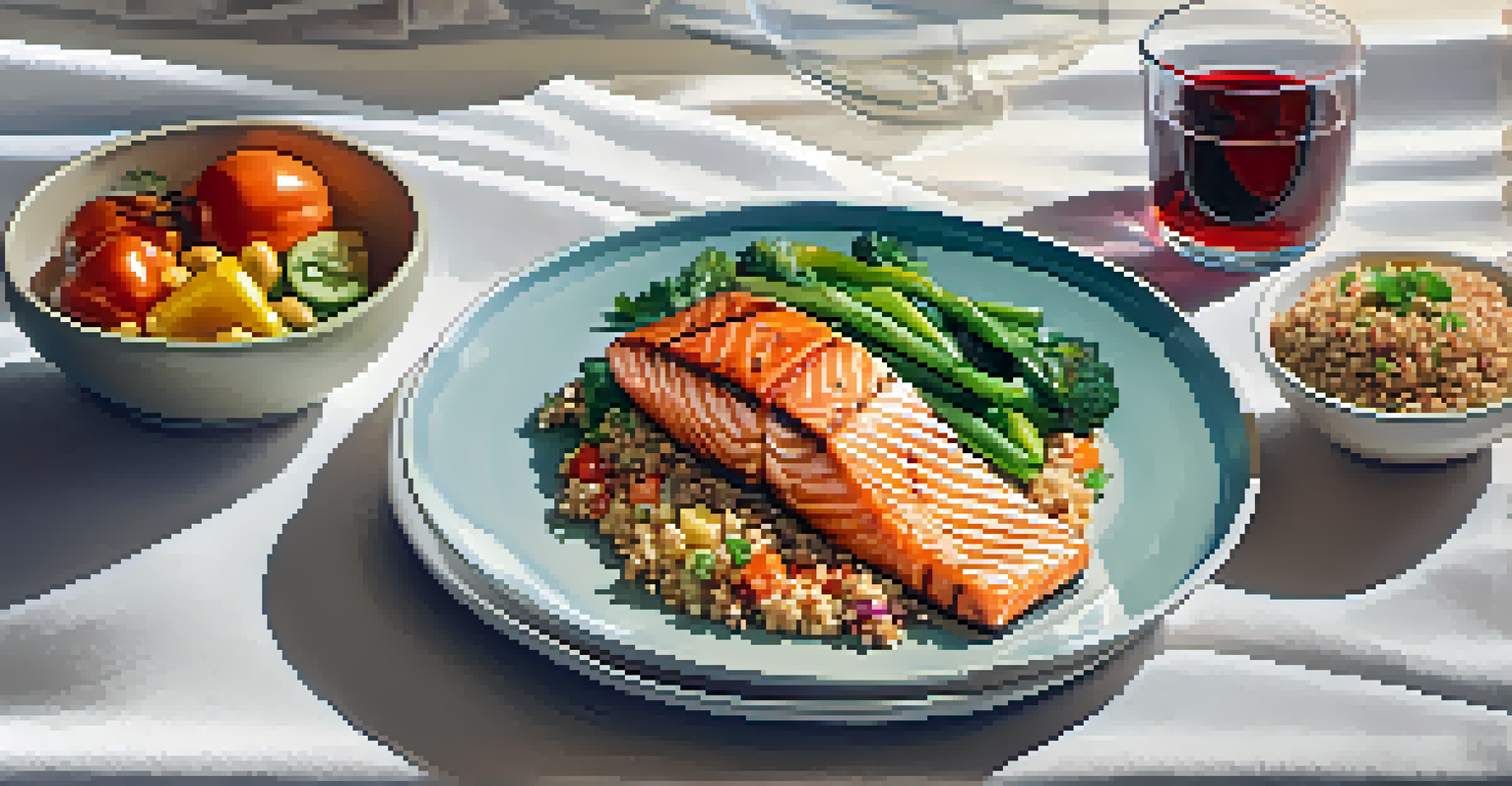 An overhead view of a balanced meal with colorful vegetables, grilled salmon, and quinoa on a light-colored tablecloth.