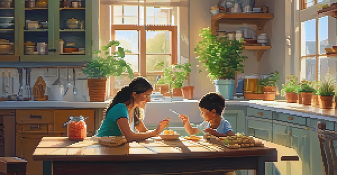 A mother and child in a bright kitchen looking at a vaccination schedule on the table, surrounded by plants and healthy snacks.