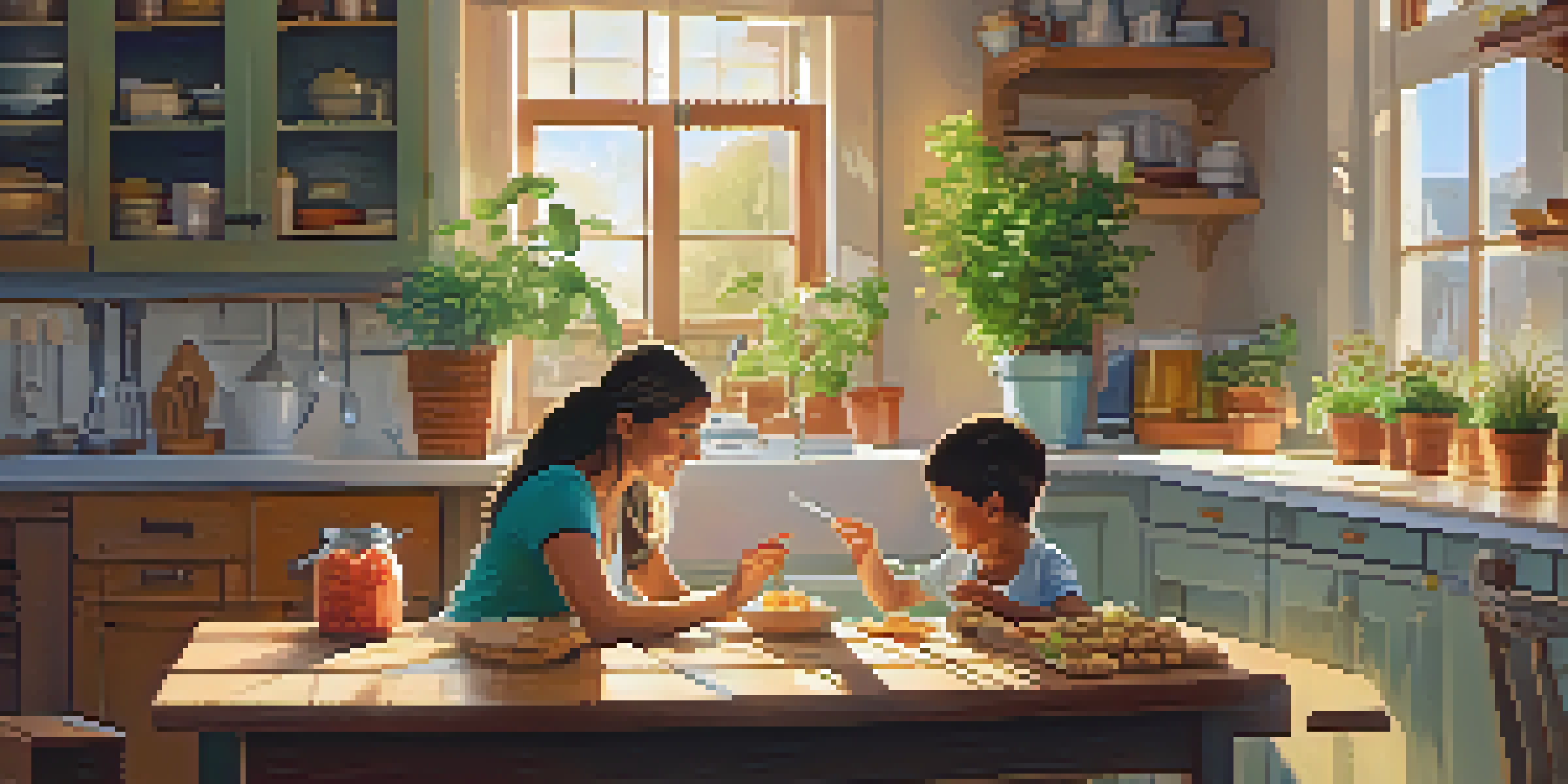 A mother and child in a bright kitchen looking at a vaccination schedule on the table, surrounded by plants and healthy snacks.