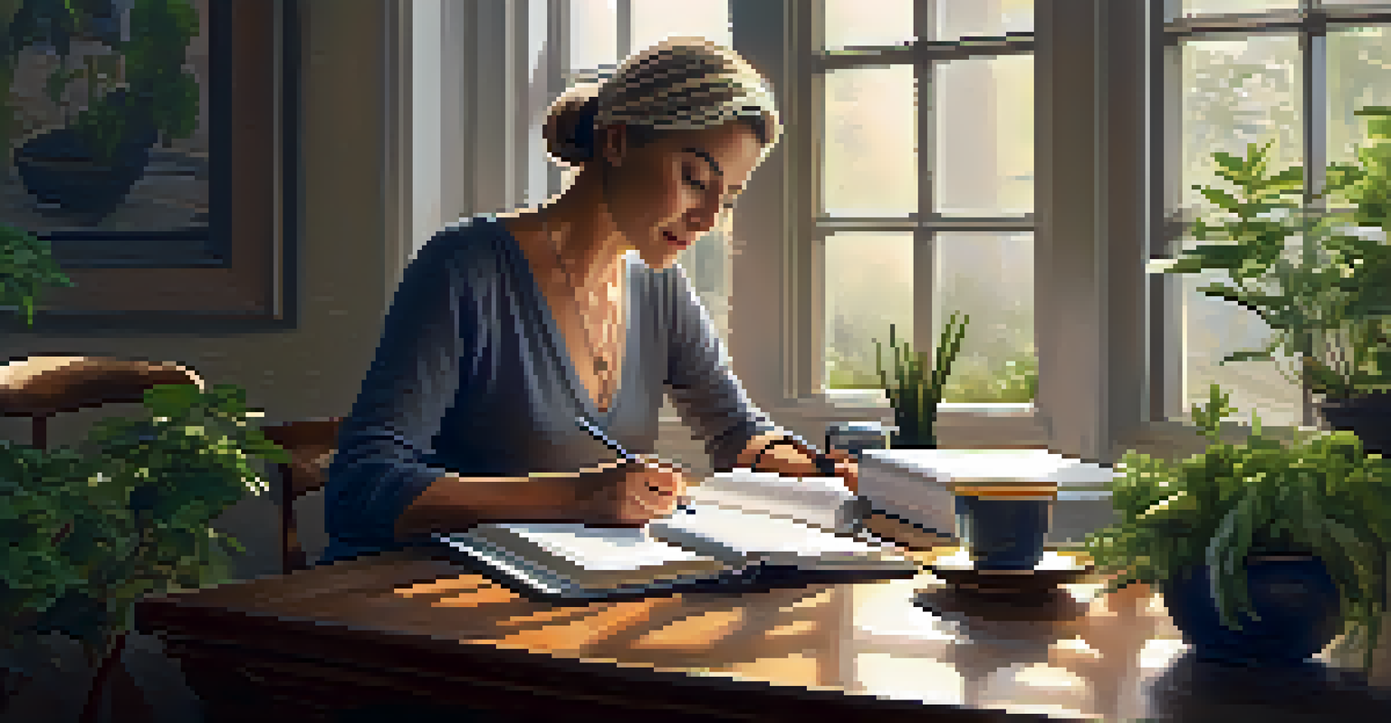 A middle-aged woman writing in a journal at her inspirational workspace, accompanied by a cup of herbal tea and plants.