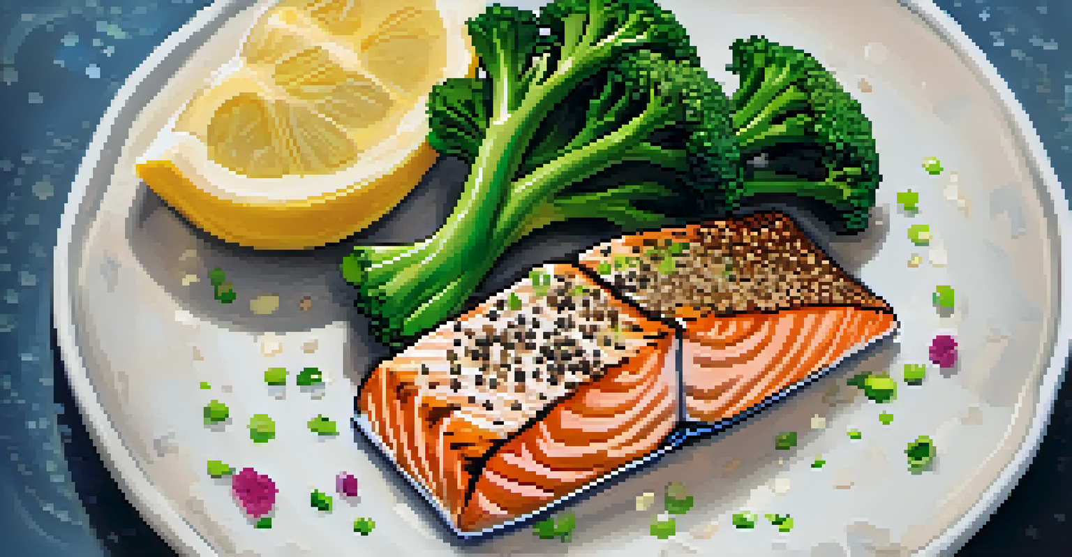 A dinner plate with grilled salmon, steamed broccoli, and quinoa, presented under warm lighting for an inviting look.