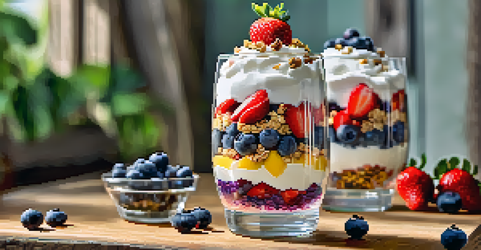 A clear glass filled with a colorful fruit and yogurt parfait, featuring layers of strawberries, blueberries, and banana slices topped with granola on a wooden table.