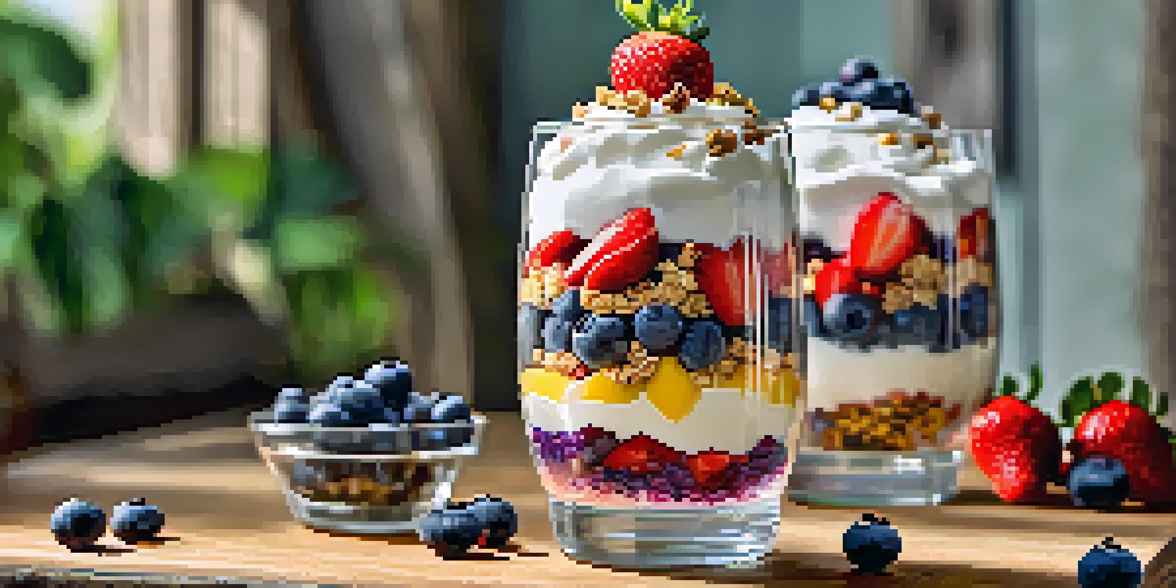 A clear glass filled with a colorful fruit and yogurt parfait, featuring layers of strawberries, blueberries, and banana slices topped with granola on a wooden table.