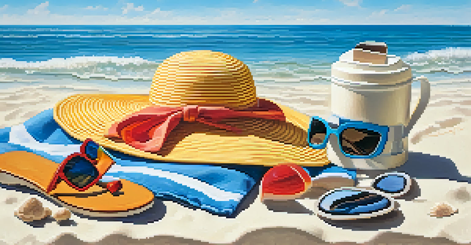 A beach scene featuring sunscreen, sunglasses, and a hat on a beach towel with waves in the background.