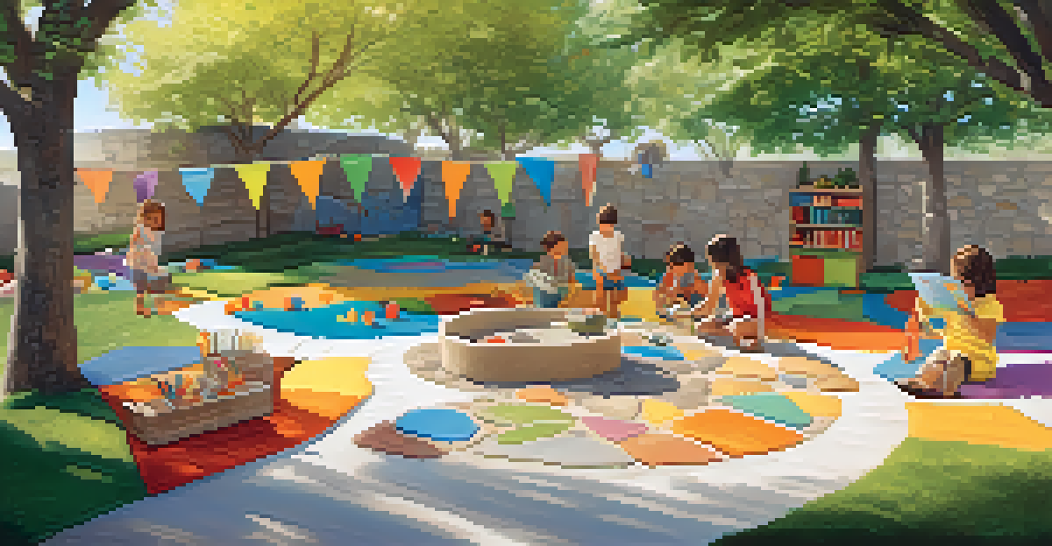 An outdoor play area with distinct zones for various activities, including a sandbox, open play area, and reading corner.