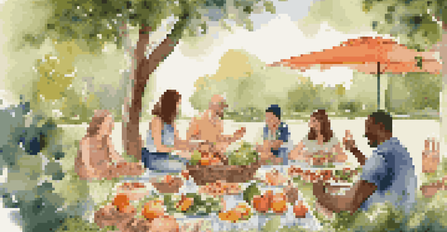An outdoor picnic with a variety of whole foods, where people are enjoying their meals in a relaxed and mindful manner amid lush greenery.