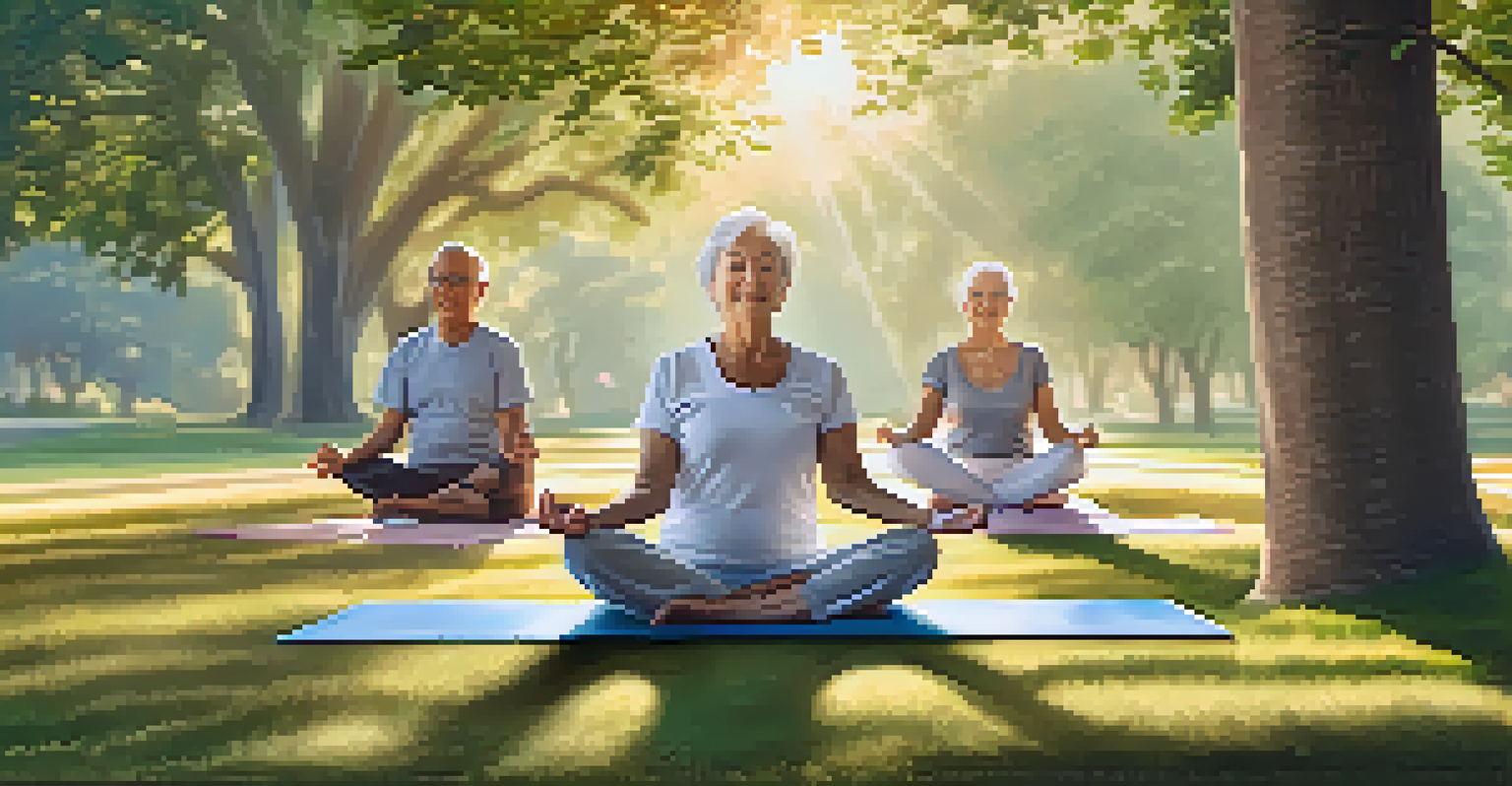 An elderly couple doing yoga in a park at sunrise, with gentle sunlight and greenery around them.
