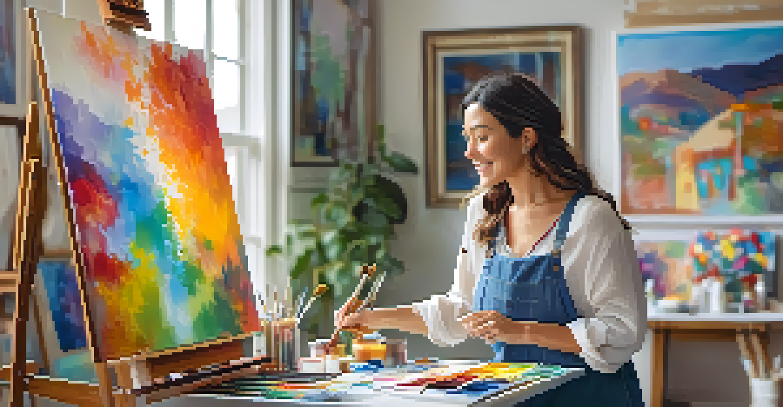A woman joyfully painting at an easel in a bright studio, surrounded by colorful artwork.