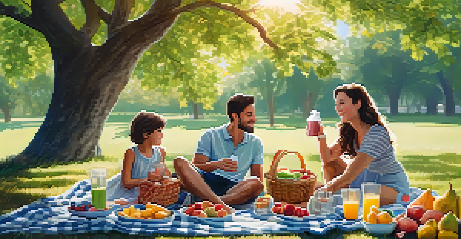 A family enjoying a picnic with healthy drinks and snacks under a tree.