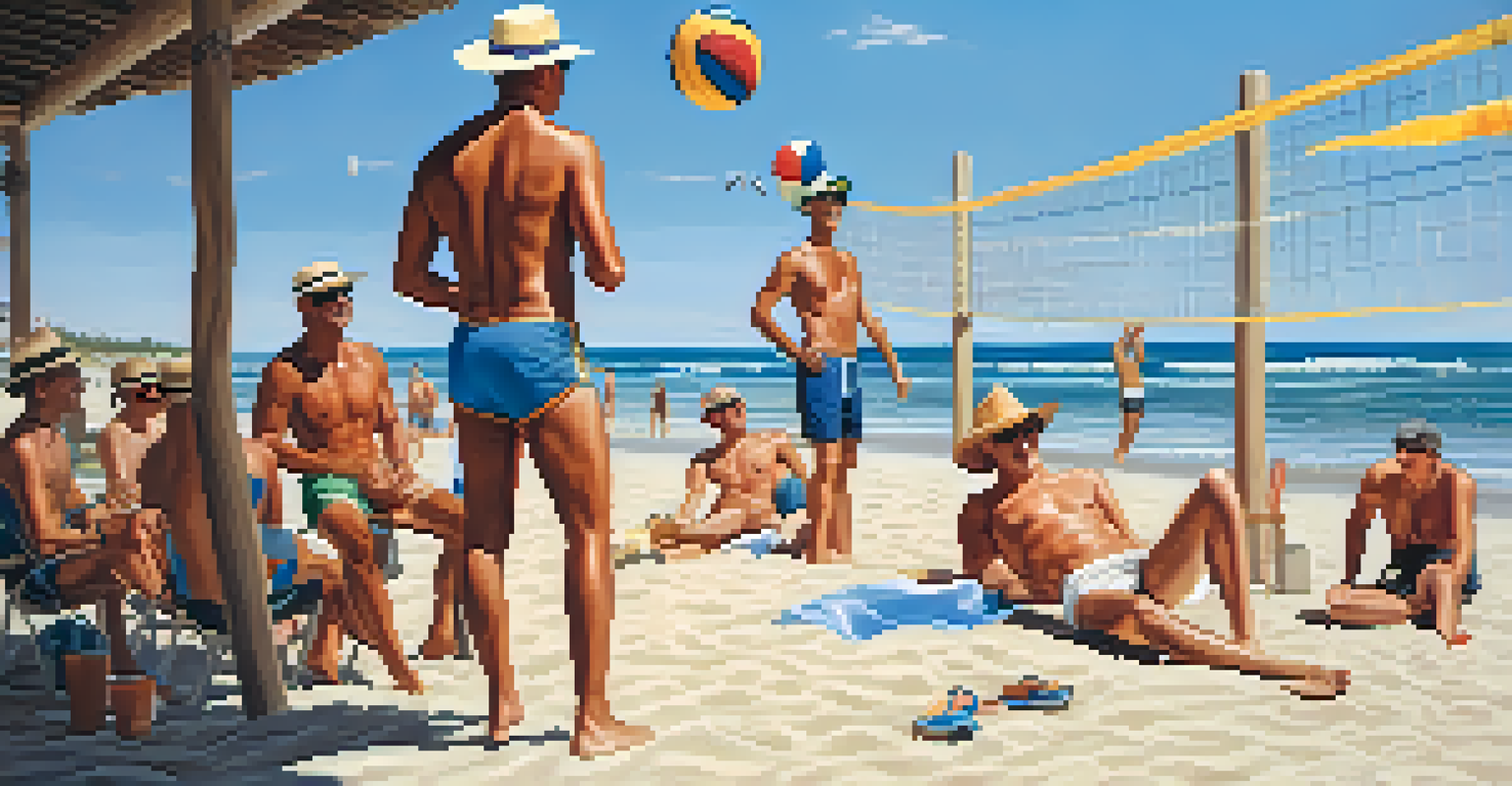A group of men at the beach, applying sunscreen and wearing hats, enjoying outdoor activities under the sun.