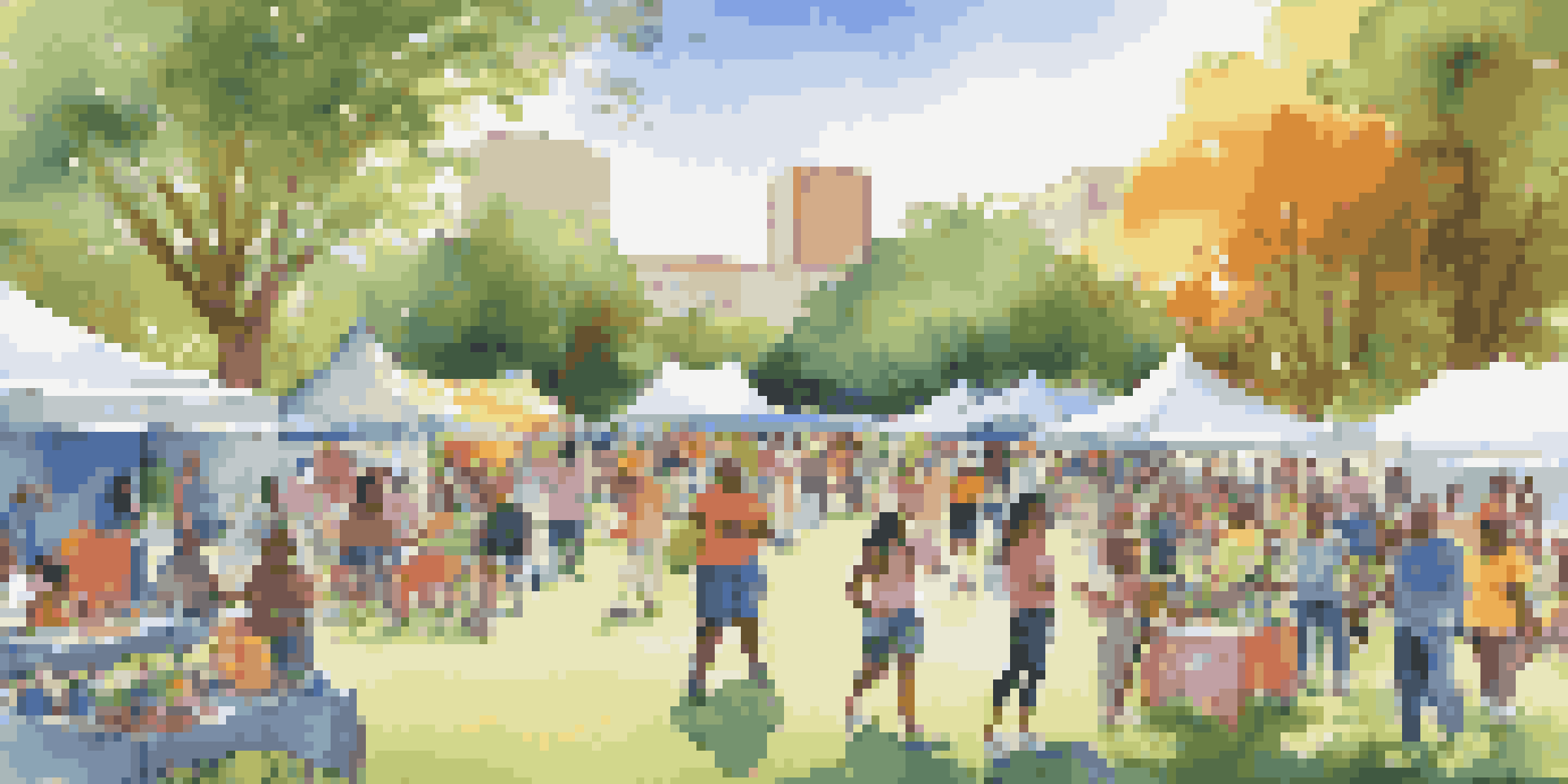 A lively scene of a community health fair in a park with people participating in fitness classes and nutrition workshops, surrounded by colorful tents and greenery.