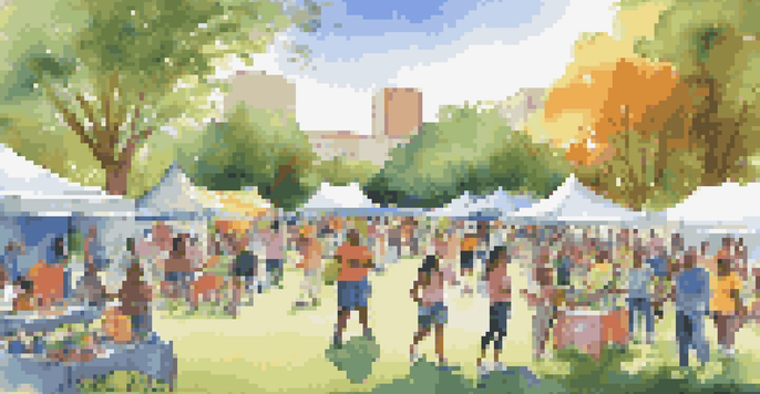 A lively scene of a community health fair in a park with people participating in fitness classes and nutrition workshops, surrounded by colorful tents and greenery.