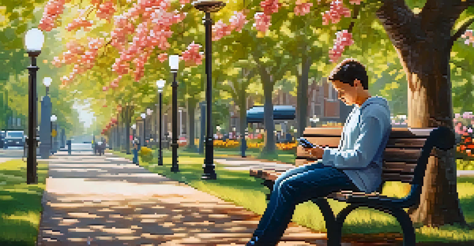 A person sitting on a park bench, smiling at their smartphone, surrounded by blooming flowers and trees, symbolizing hope in mental health recovery.