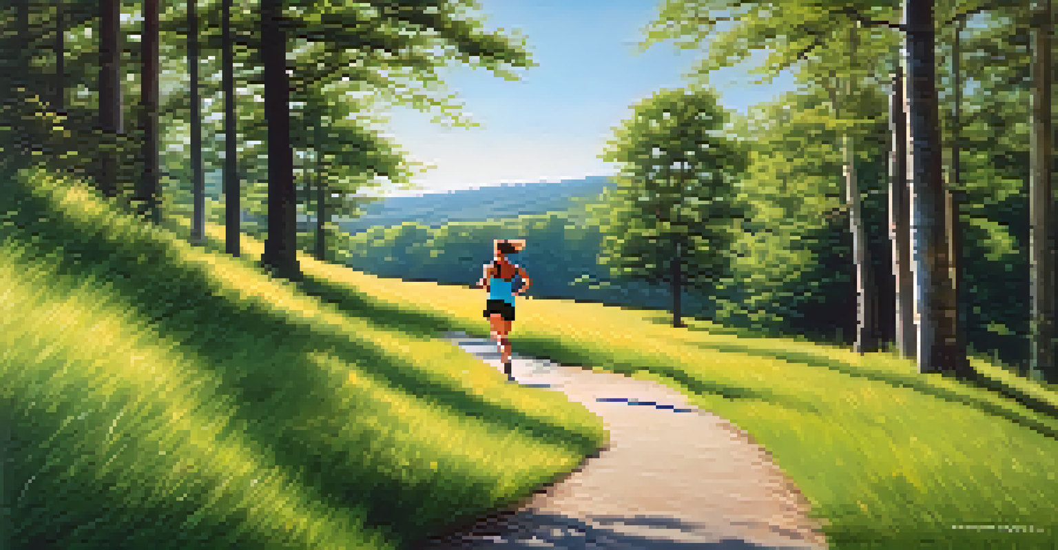 A runner on a trail showcasing strong core stability against a lush green landscape.