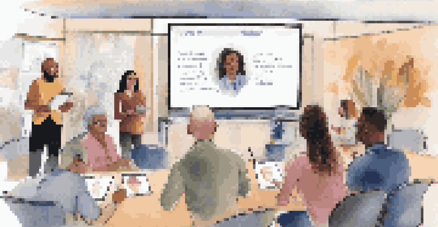 A diverse group of people attending a live webinar at a virtual health fair, focused on a health expert speaking on screen.