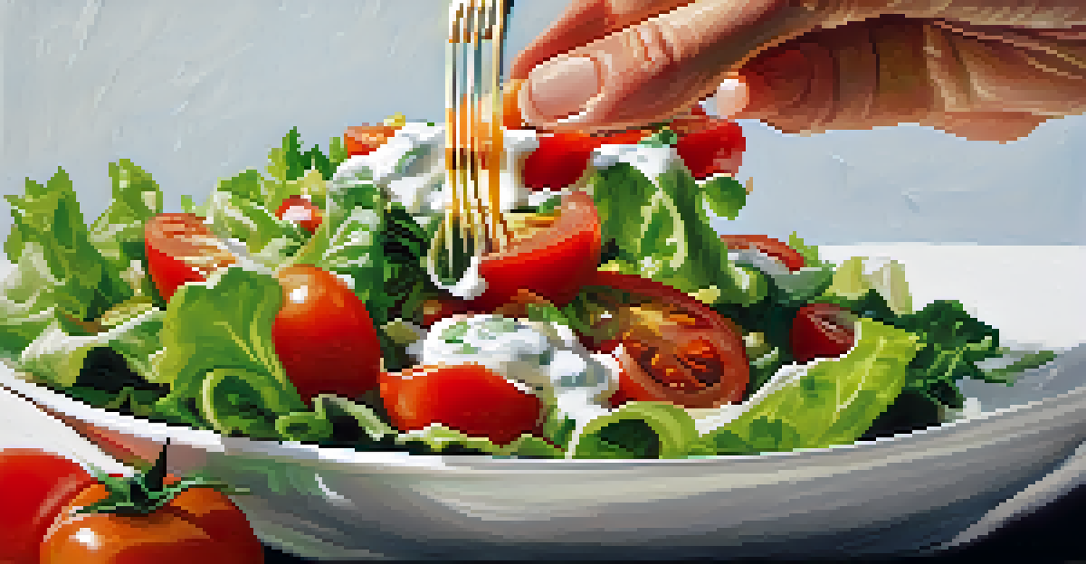 A close-up of a hand holding a fork with a colorful salad, emphasizing textures and mindful eating.