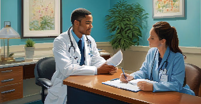 A doctor and patient having a conversation in a well-lit healthcare consultation room, with a calming atmosphere and natural decor.