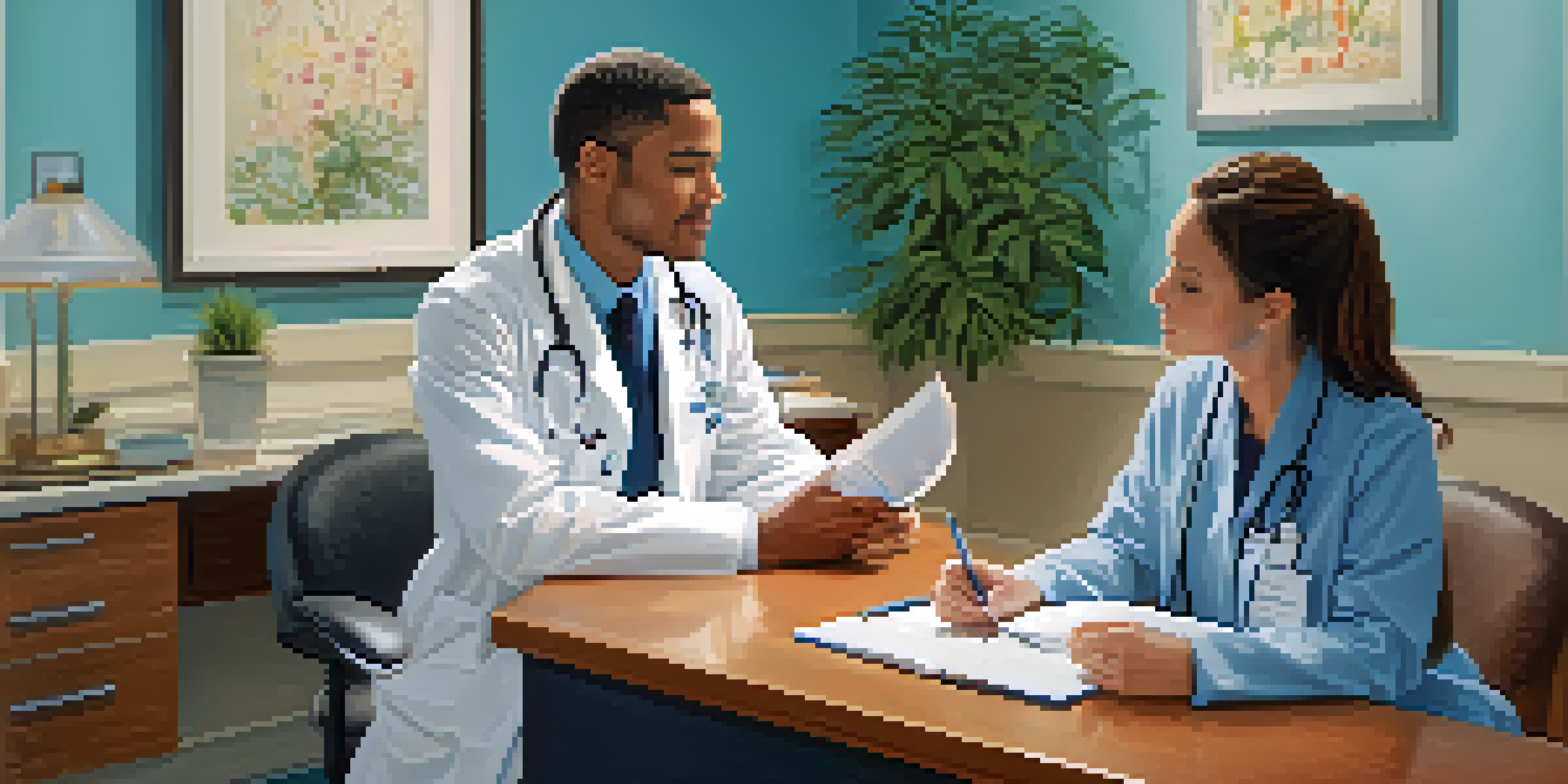 A doctor and patient having a conversation in a well-lit healthcare consultation room, with a calming atmosphere and natural decor.