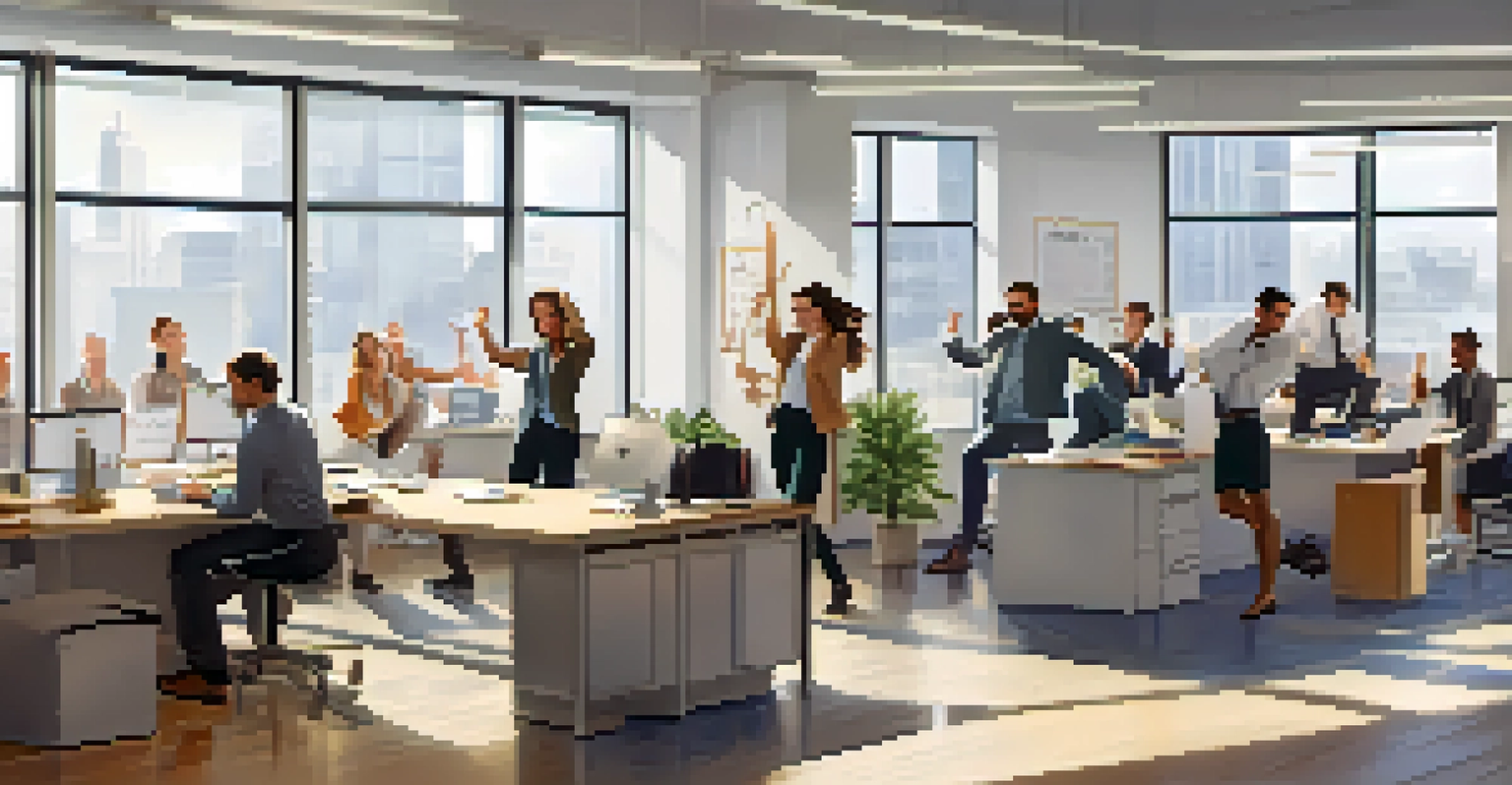 Colleagues participating in a movement break at work, performing exercises and enjoying their time in a bright office environment.