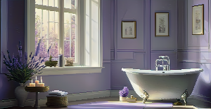A calming bathroom scene with a warm bath, lavender essential oil bottles, and candlelight creating a relaxing ambiance.