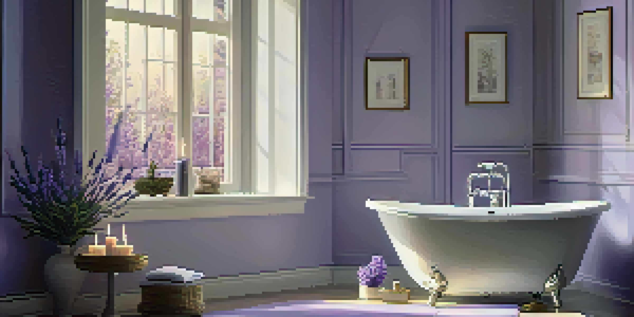 A calming bathroom scene with a warm bath, lavender essential oil bottles, and candlelight creating a relaxing ambiance.