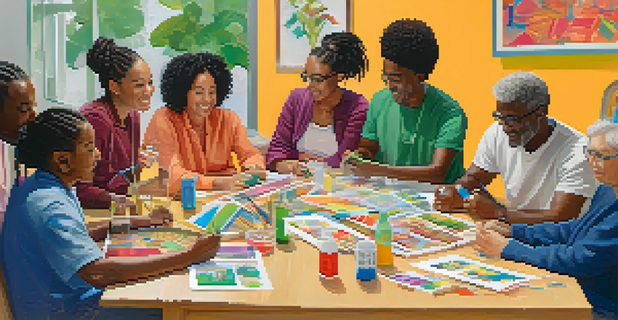 A diverse group of people participating in a health literacy workshop, discussing around a table filled with educational materials.
