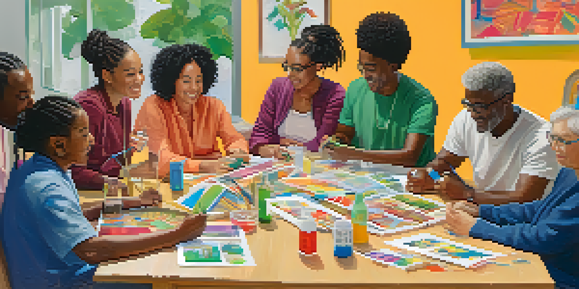 A diverse group of people participating in a health literacy workshop, discussing around a table filled with educational materials.