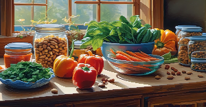 A kitchen countertop filled with fresh vegetables and a bowl of homemade trail mix, illuminated by natural light.