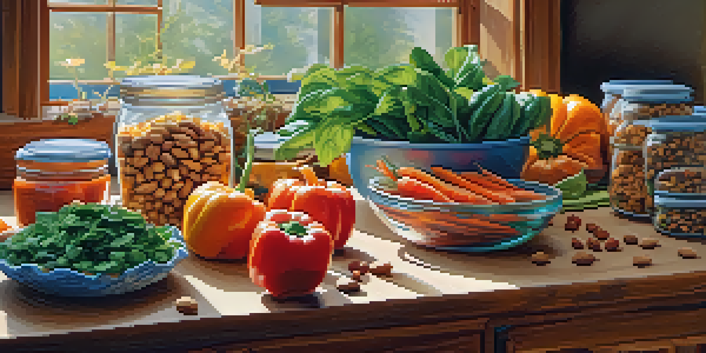 A kitchen countertop filled with fresh vegetables and a bowl of homemade trail mix, illuminated by natural light.