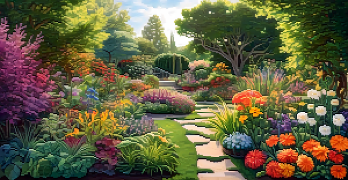 A colorful garden filled with various plants and flowers, symbolizing a healthy gut microbiome, with sunlight filtering through the leaves.
