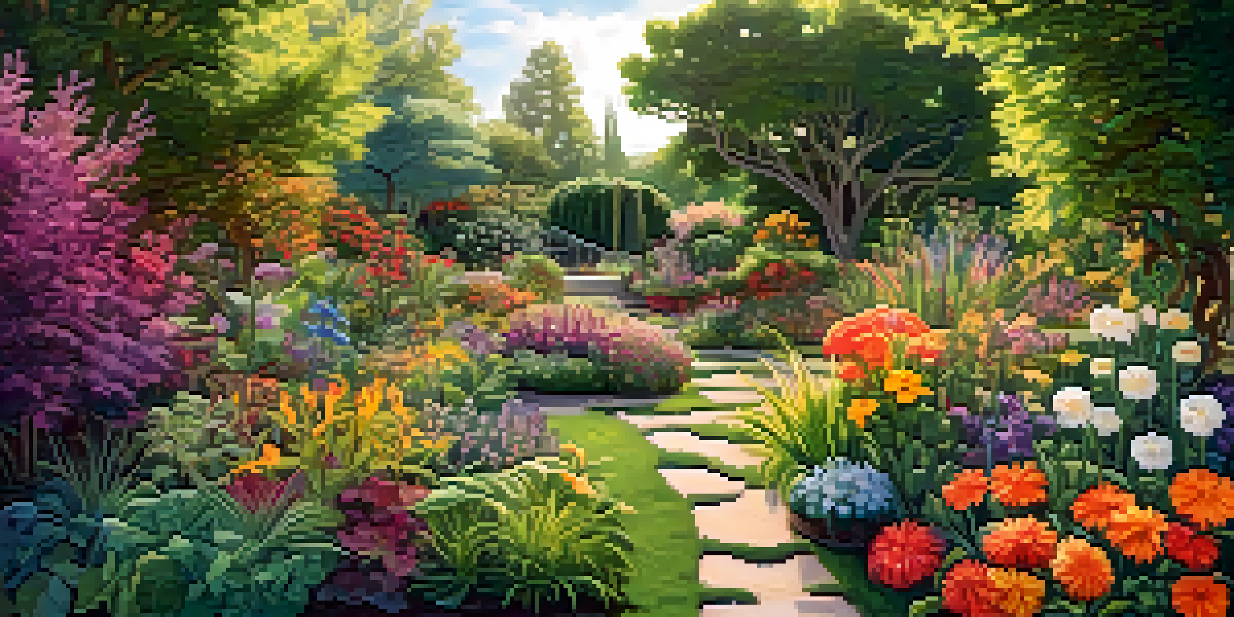 A colorful garden filled with various plants and flowers, symbolizing a healthy gut microbiome, with sunlight filtering through the leaves.